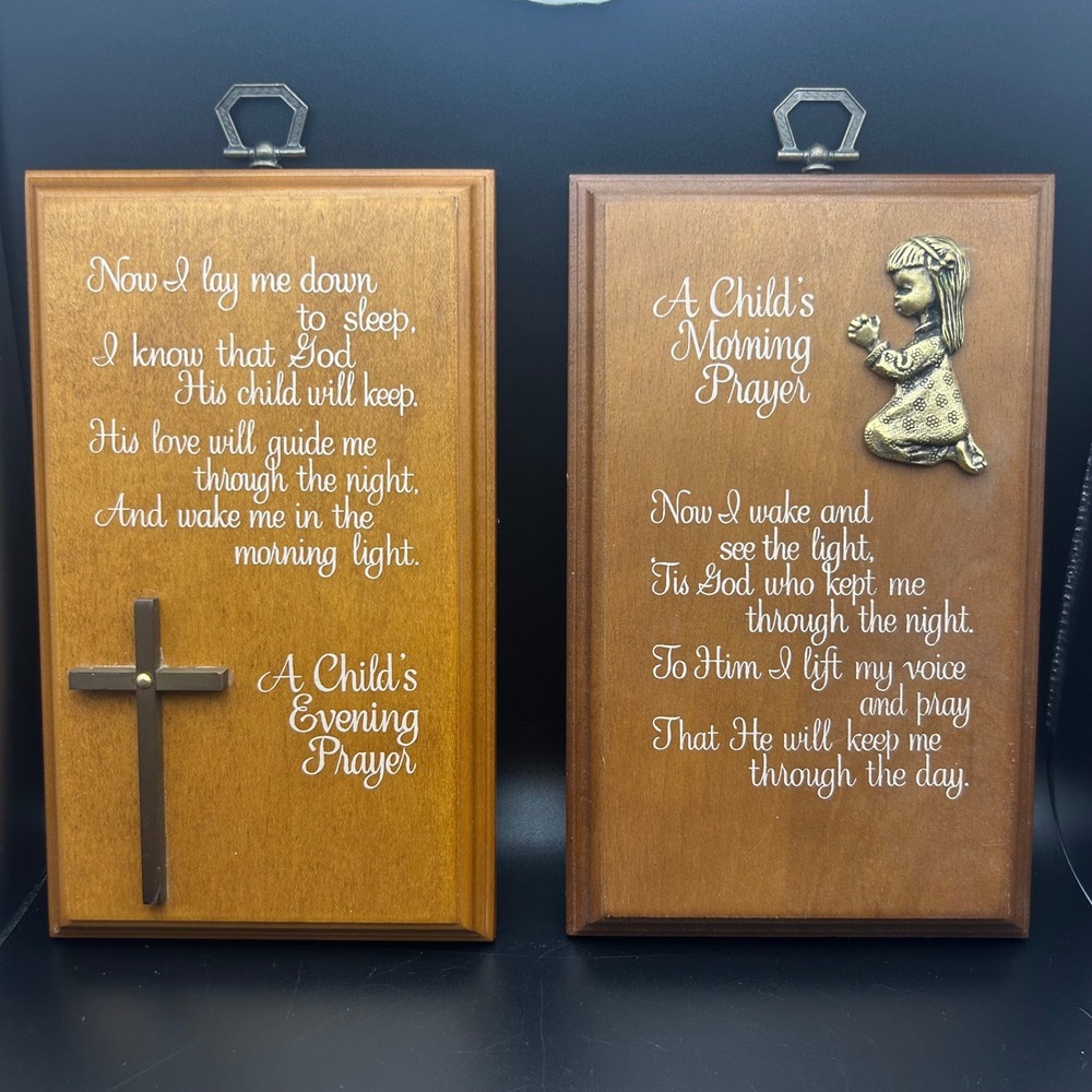 Vintage A Childs Morning and Evening Prayer Wood Wall Plaques Set of 2 Nursery